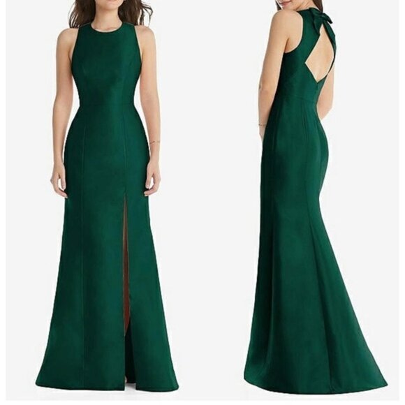 Alfred Sung D824 Hunter Green Jewel Neck Open Back Bow Gown - Picture 1 of 1